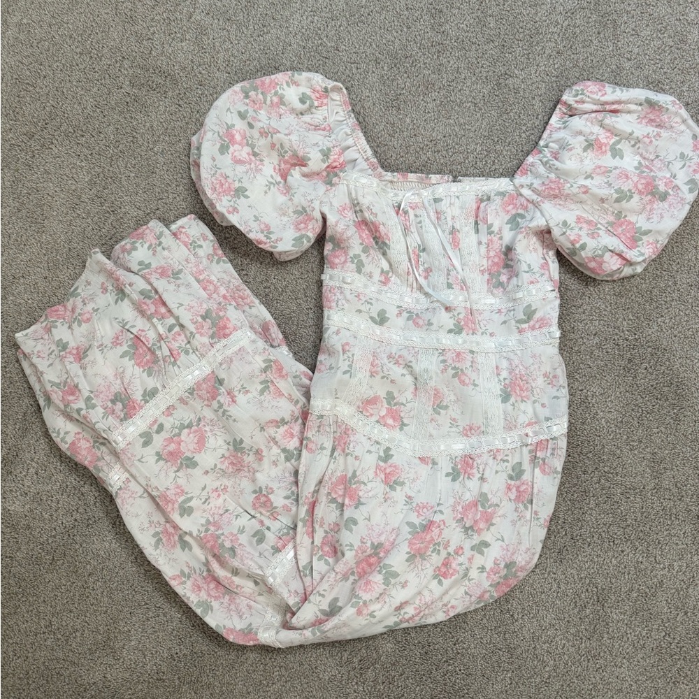 Altar'd State Cream Floral Midi Dress with Pink & Green Print